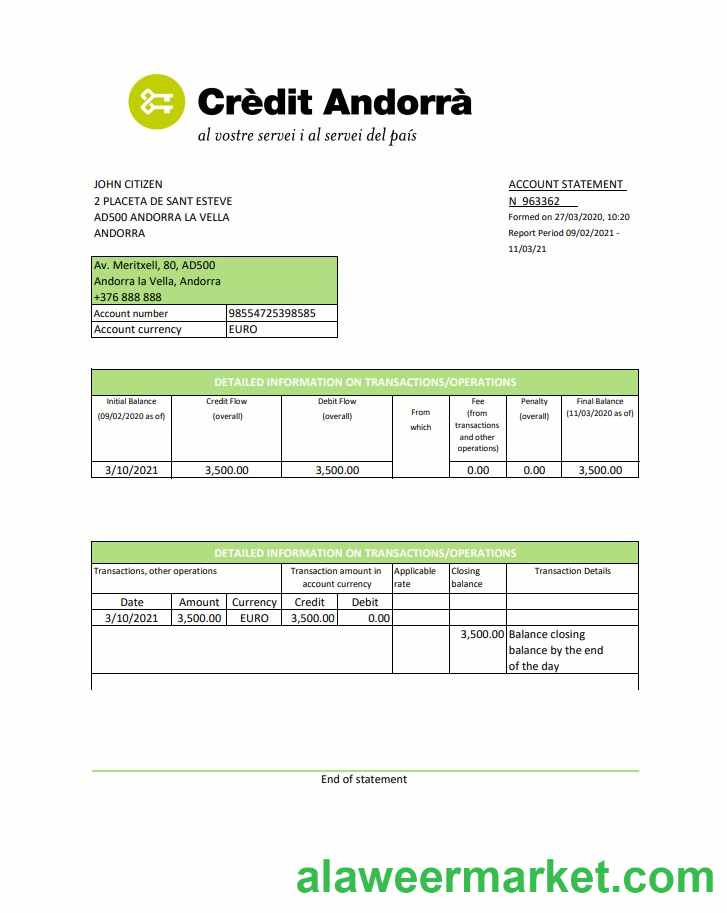 Andorra Credit Andorra bank statement template in Excel and PDF format